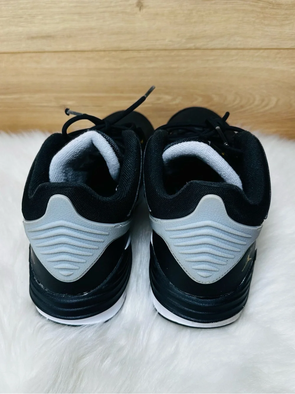 Jordan Max Aura 5 Black and Gold Athletic Sneakers
